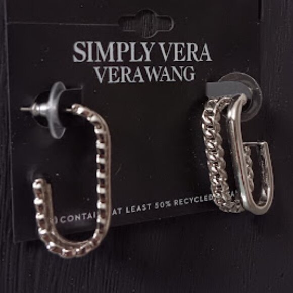 VERA WANG Rocker Chic Silver Square Oval Smooth & Curb Chain Link Hoop Earrings - Picture 2 of 3